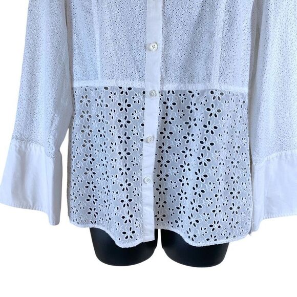 Tory Burch Ivory Eyelet Patchwork Button Down 3/4 Sleeve Shirt - Picture 6 of 12